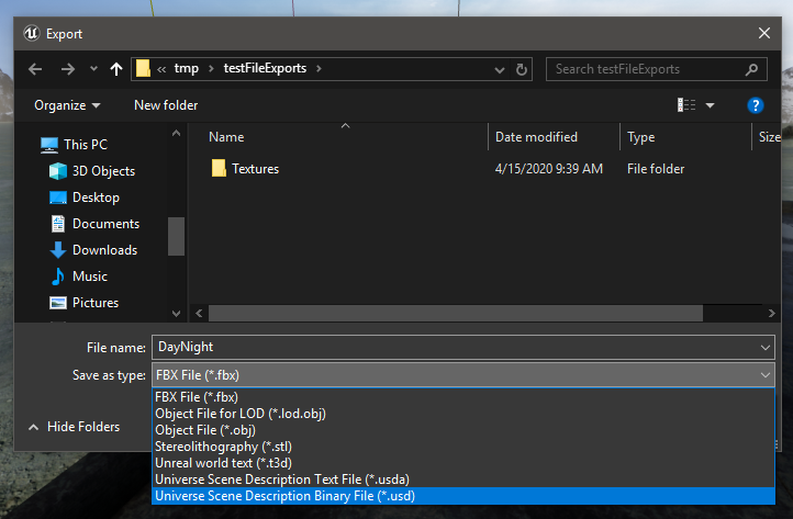 Select USD or USDA file type to export USD and MDL