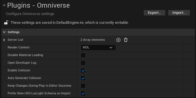 Omniverse Plugin Settings Unreal Engine