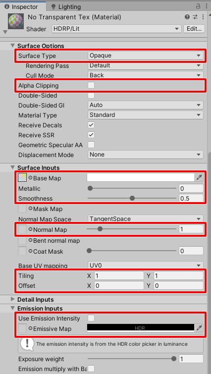 HDRP material parameters.