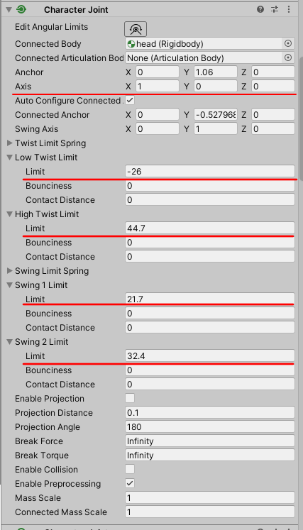 CharacterJoint parameters.