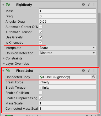 Specifying Kinematic to RigidBody, Specifying FixedJoint.