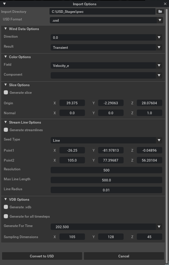 Pedestrian Wind Comfort Import Options Window