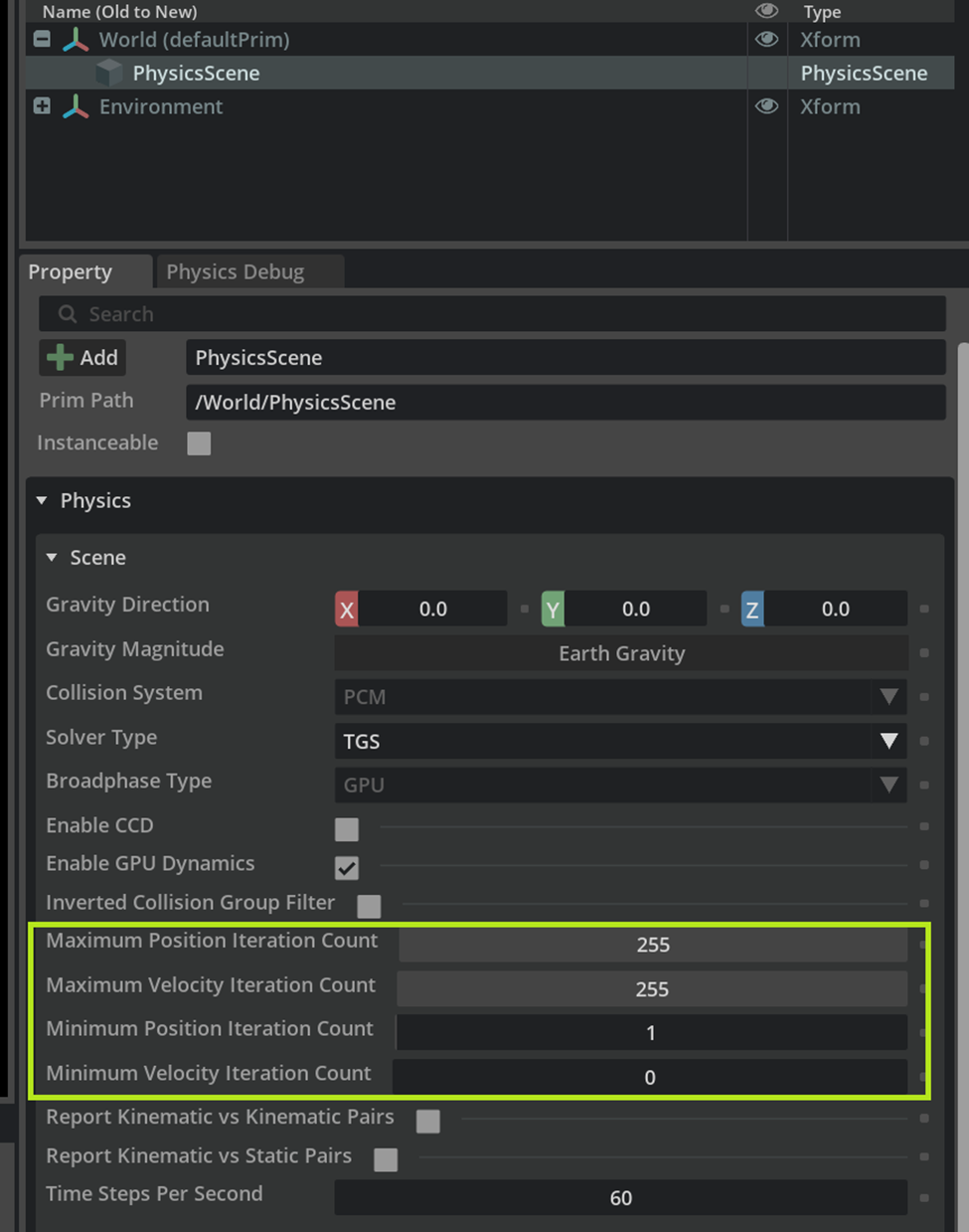 Physics iteration count settings