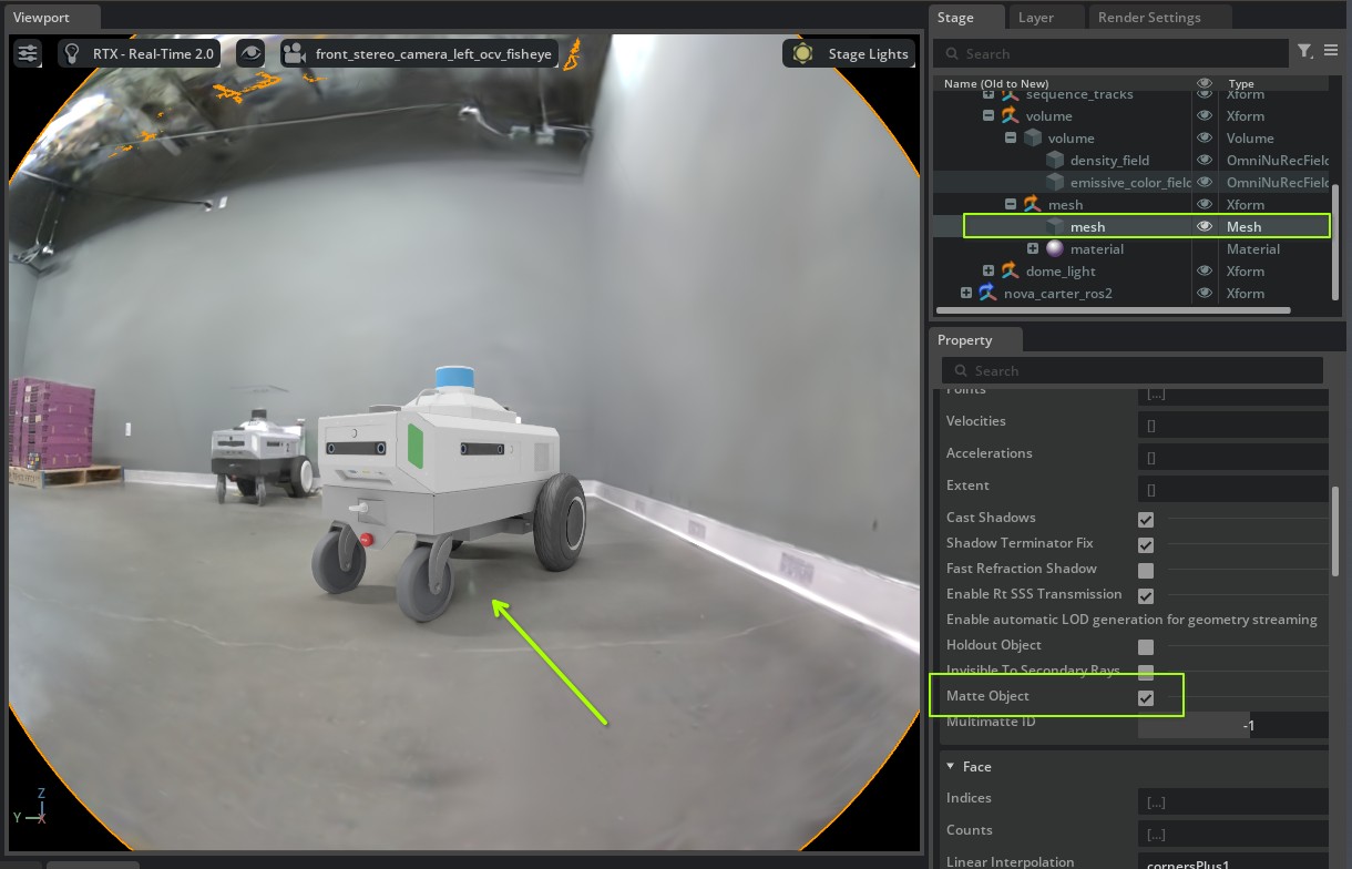 USD synthetic robot asset casting shadows onto NuRec environment
