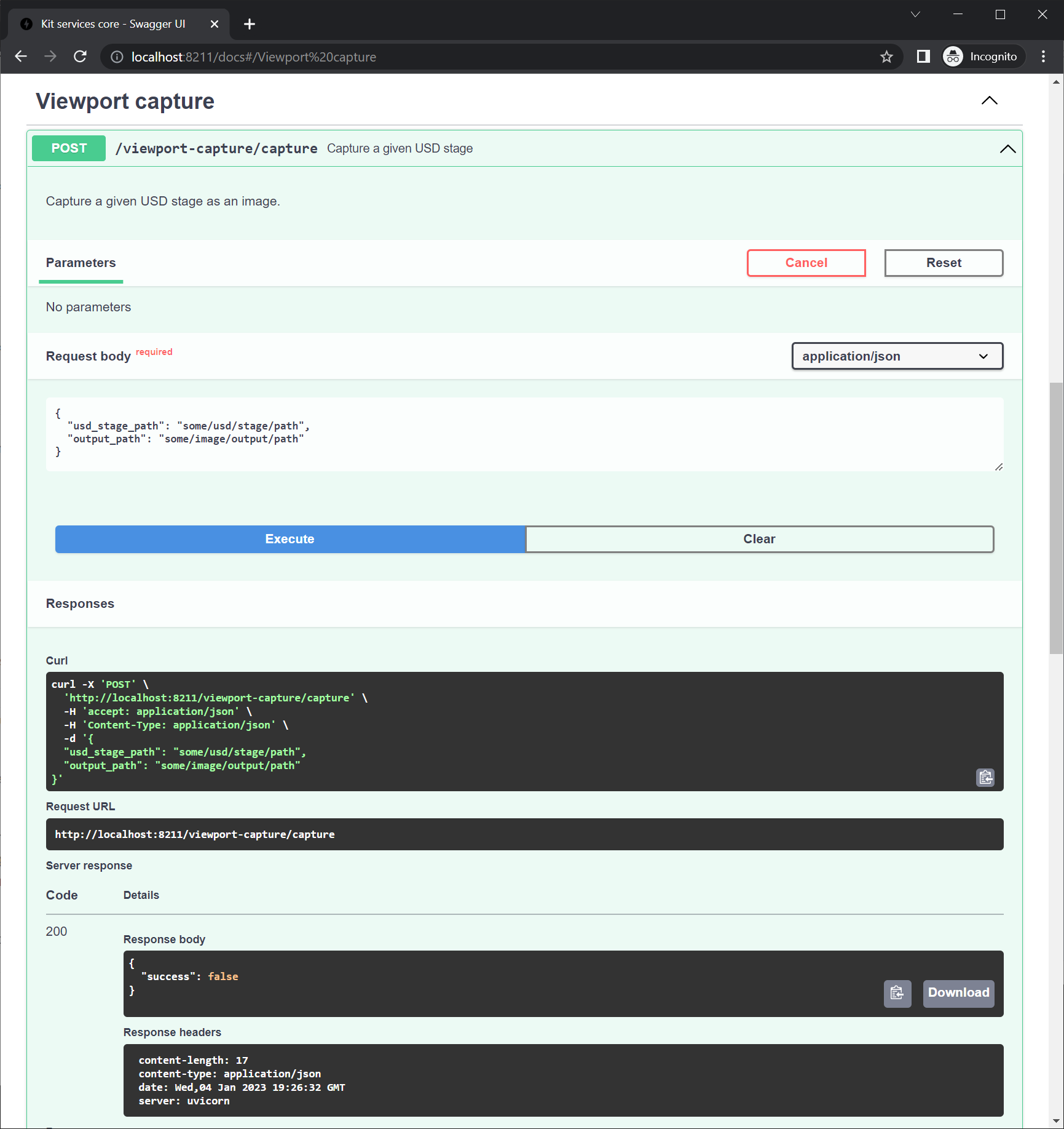 Omniverse Services "Viewport Capture" request/response